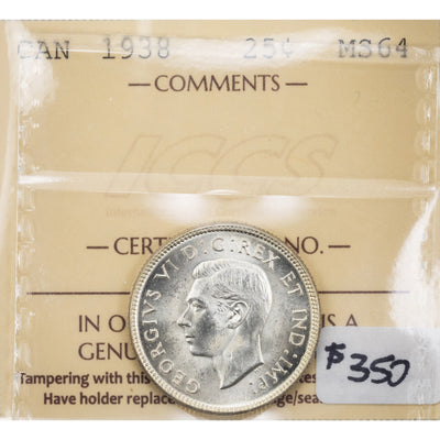 SOLD Canada 1938 25 Cents Quarter Silver Coin - ICCS MS-64