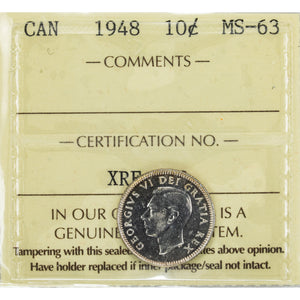 SOLD Canada 1948 10 Cents Dime Silver Coin - ICCS MS-63