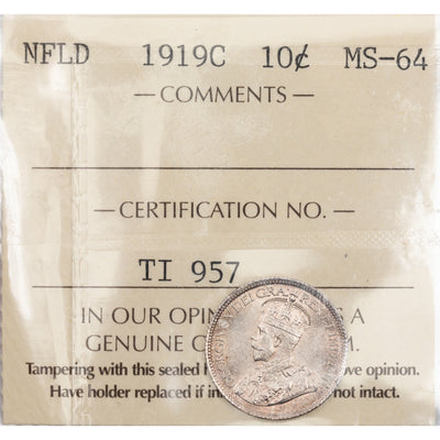 Newfoundland 1919-c 10 Cents Silver Coin - ICCS MS-64