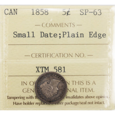 SOLD Canada 1858 Plain Edge Small Date 5 Cents Silver Coin - ICCS Specimen SP-63