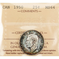 Canada 1950 25 Cents Quarter Silver Coin - ICCS MS-64