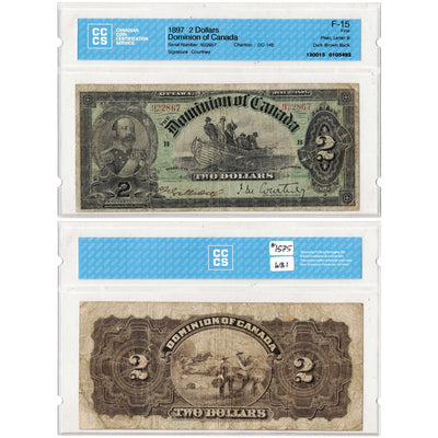 SOLD $2 1897 Dominion of Canada Note Courtney Dark Brown Back DC-14b - CCCS F-15