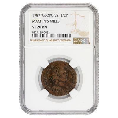 United States 1787 Machin's Mills 1/2d Halfpenny Token - NGC VF-20 BN