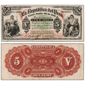 Peru 1879 5 Five Soles Note P #3 - F/VF (minor pinholes)