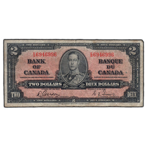SOLD $2 1937 Bank of Canada Note Gordon-Towers E/B Prefix BC-22b - Small Tear