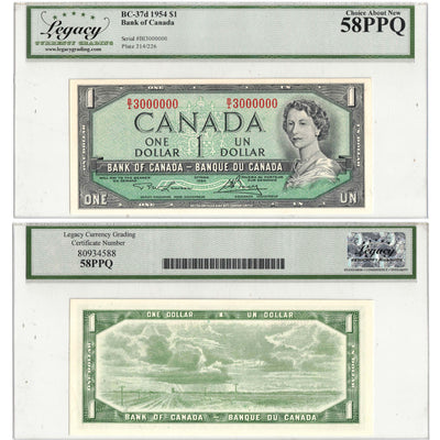 SOLD $1 1954 Bank of Canada Note 3 Million Serial B/I Prefix BC-37d - Legacy AU-58