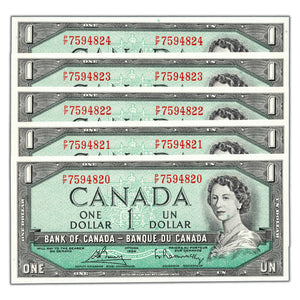 SOLD $1 1954 Bank of Canada Notes P/F Prefix BC-37c - 5 Consecutive Choice Uncirculated