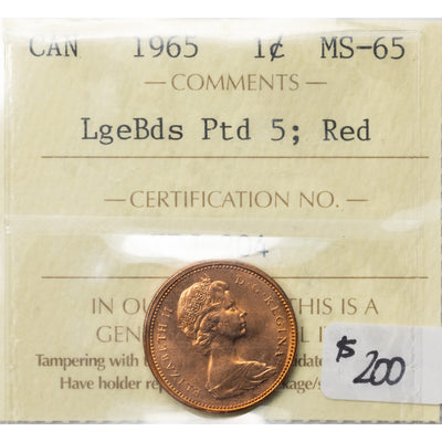 SOLD Canada 1965 LgeBds Ptd 5 1 Small Cent Coin - ICCS MS-65 Red