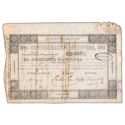 SOLD Argentina Confederacion 1859 100 Pesos Note - Circulated