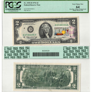 SOLD United States 1976 $2 Note Cleveland Fr. 1935-D - PCGS UNC-64 First Day of Issue Stamp