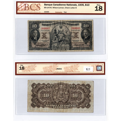 $10 1935 Banque Canadienne Nationale Canada Chartered Note #85-14-04 - BCS F-18