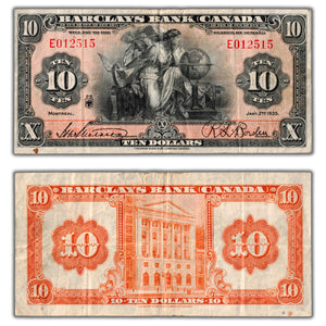 SOLD $10 1935 Barclays Bank Canada Chartered Note #30-10-06 - F/VF