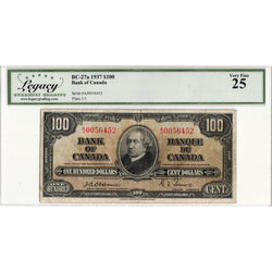 $100 1937 Bank of Canada Note Osborne Signature BC-27a - Legacy VF-25