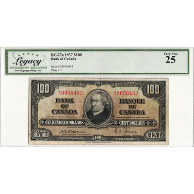 $100 1937 Bank of Canada Note Osborne Signature BC-27a - Legacy VF-25