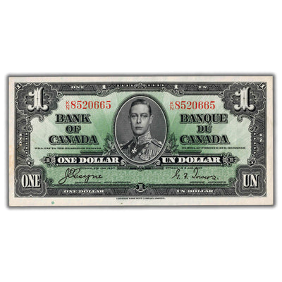 $1 1937 Bank of Canada Note Coyne-Towers K/N Prefix BC-21d - AU+ (light staining)