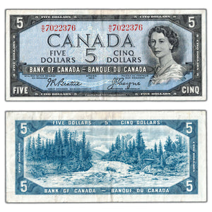 SOLD $5 1954 Bank of Canada Note Beattie-Coyne R/C Prefix BC-39a-i - VF+