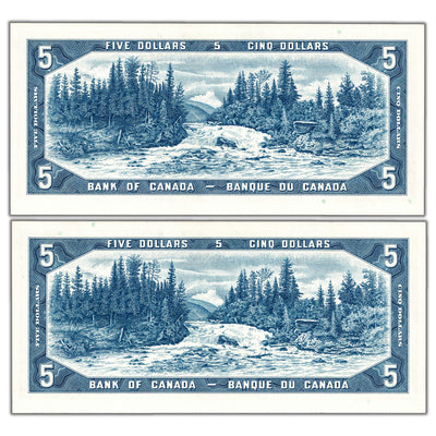 $5 1954 Bank of Canada Notes P/S Prefix BC-39b - 2 Consecutive Ch UNC