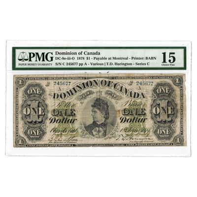 $1 1878 Dominion of Canada Note Montreal DC-8e-iii-O - PMG F-15 (paper pull)
