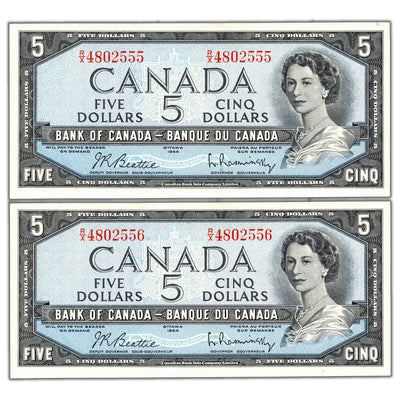 SOLD $5 1954 Bank of Canada Notes R/X Prefix BC-39b - 2 Consecutive Ch UNC