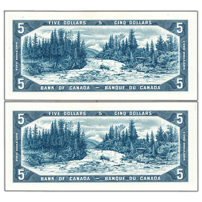 SOLD $5 1954 Bank of Canada Notes R/X Prefix BC-39b - 2 Consecutive Ch UNC
