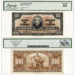 $100 1937 Bank of Canada Note Gordon-Towers B/J BC-27b - Legacy UNC-63