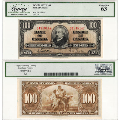 $100 1937 Bank of Canada Note Gordon-Towers B/J BC-27b - Legacy UNC-63