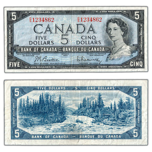 SOLD $5 1954 Bank of Canada Note Beattie-Rasminsky O/S Prefix BC-39b - VF