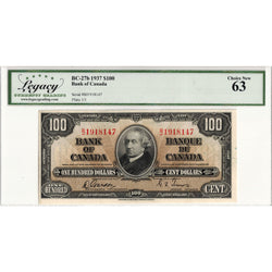 $100 1937 Bank of Canada Note Gordon-Towers B/J BC-27b - Legacy UNC-63