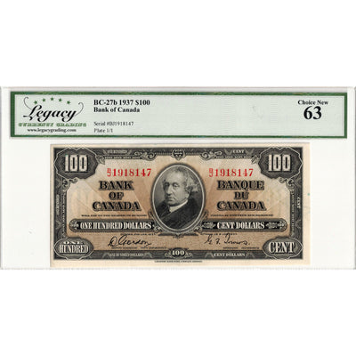 $100 1937 Bank of Canada Note Gordon-Towers B/J BC-27b - Legacy UNC-63
