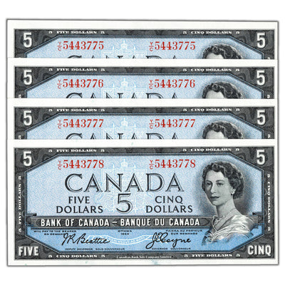 SOLD $5 1954 Bank of Canada Notes Y/C Prefix BC-39a-i - 4 Consecutive AU/UNC