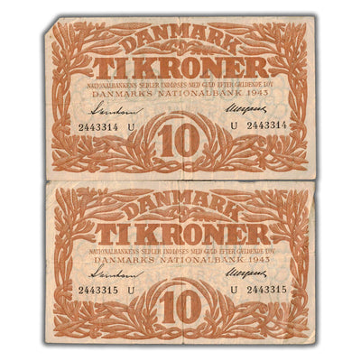 Denmark 1943 10 Ten Kroner Note P #31o - 2 Circulated Notes Consecutive