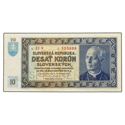 SOLD Slovakia 1940 10 Korun Note - Perforated Specimen