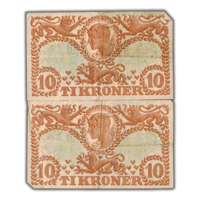Denmark 1943 10 Ten Kroner Note P #31o - 2 Circulated Notes Consecutive