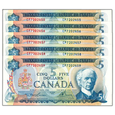 $5 1972 Bank of Canada Notes CP Prefix BC-48b - 5 Consecutive Ch UNC