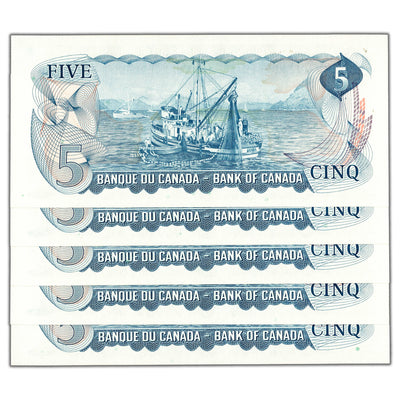 $5 1972 Bank of Canada Notes CP Prefix BC-48b - 5 Consecutive Ch UNC