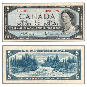 SOLD $5 1954 Bank of Canada Note Beattie-Rasminsky O/X Prefix BC-39b - VF