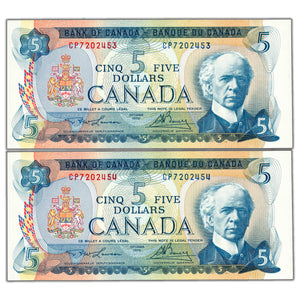 SOLD $5 1972 Bank of Canada Notes CP Prefix BC-48b - 2 Consecutive Ch UNC