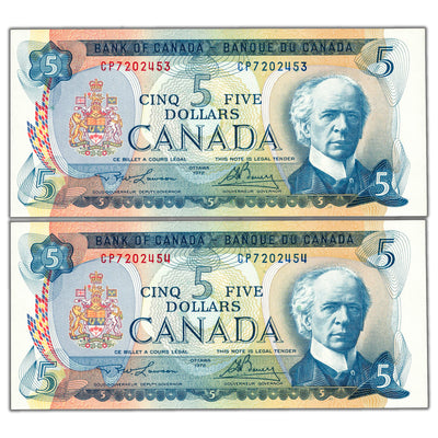 $5 1972 Bank of Canada Notes CP Prefix BC-48b - 2 Consecutive Ch UNC