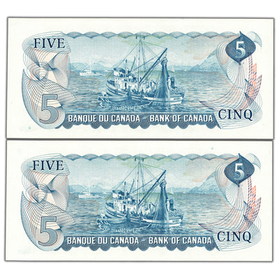 $5 1972 Bank of Canada Notes CP Prefix BC-48b - 2 Consecutive Ch UNC