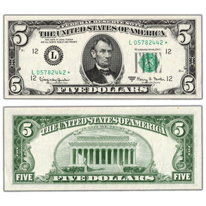 SOLD United States 1963 $5 San Francisco Federal Reserve Star Note Fr. 1968-L* - AU/UNC