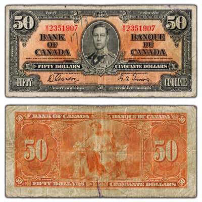 $50 1937 Bank of Canada Note Gordon-Towers B/H Prefix BC-26b - Writing