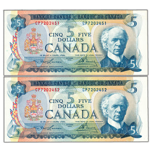 SOLD $5 1972 Bank of Canada Notes CP Prefix BC-48b - 2 Consecutive Ch UNC
