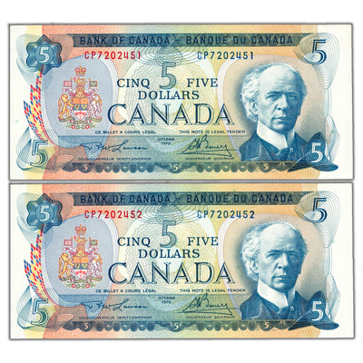 $5 1972 Bank of Canada Notes CP Prefix BC-48b - 2 Consecutive Ch UNC