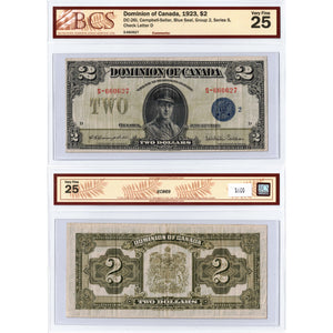SOLD $2 1923 Dominion of Canada Note Blue Seal Series S DC-26i - BCS VF-25
