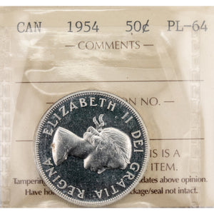 SOLD Canada 1954 50 Cents Half Dollar Proof Like Silver Coin - ICCS PL-64