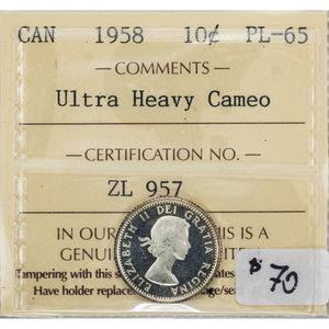 SOLD Canada 1958 10 Cents Dime Silver Coin - ICCS PL-65 UHC Ultra Heavy Cameo