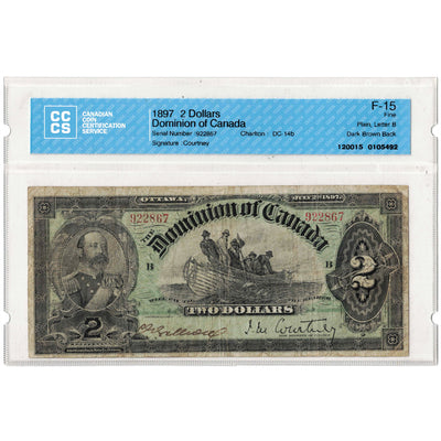 SOLD $2 1897 Dominion of Canada Note Courtney Dark Brown Back DC-14b - CCCS F-15