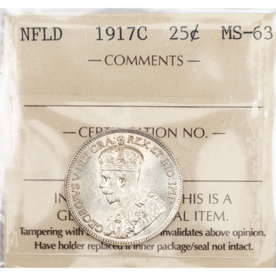 Newfoundland 1917-c 25 Cents Quarter Silver Coin - ICCS MS-63