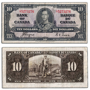SOLD $10 1937 Bank of Canada Note Coyne-Towers C/T Prefix BC-24c - Writing