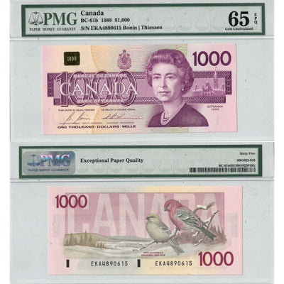 SOLD $1000 1988 Bank of Canada Note Bonin-Thiessen BC-61b - PMG Gem UNC-65 EPQ
